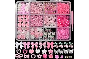 AQNJC 600 PCS 3D Nail Charms Set - Pink and White Bow, Pearl, Butterfly, Heart, Rose, Cherry Flower Nail Charms and Gems Y2K Nail Pearls for Nail Art Supply