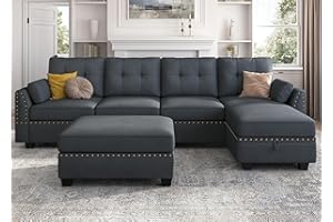 HONBAY Convertible Sectional Sofa Couch Set L-Shape Sofa Couch Set 4 Seat Sofa Sectional with Storage Ottoman for Living Room,Bluish Grey (Sectional+Hydraulic Rod Ottoman)