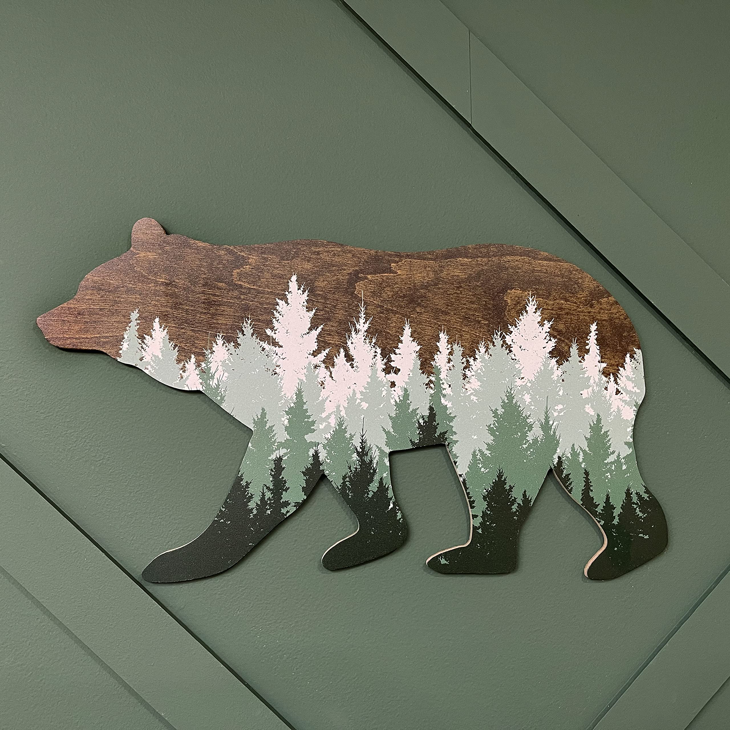 Forest Bear Wall Sign, Adventure Woodland Theme, Rustic Nursery Decor, Man Cave Home Bedroom Cabin Office House Art Decorations, Hickory Hollow Designs… (Dark Walnut/Green Pine Trees)