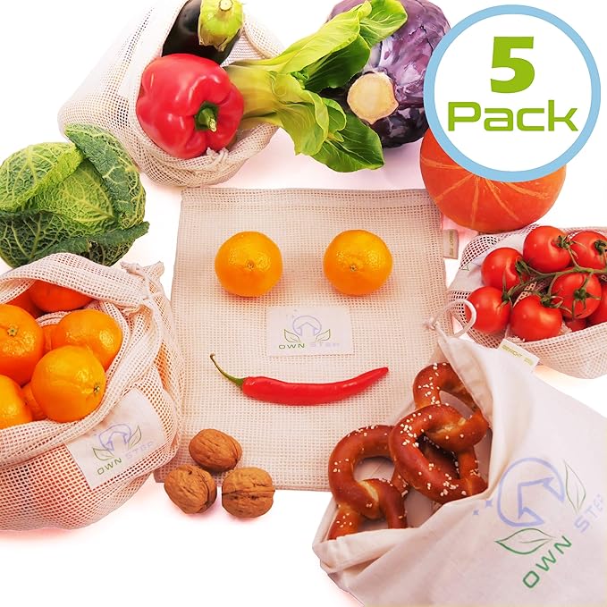 Own Step GEMÜSENETZE – 5er Set inkl. Brotbeutel – 100% Baumwolle – Plastikfrei Einkaufen | Wiederverwendbare Obst- und Gemüse