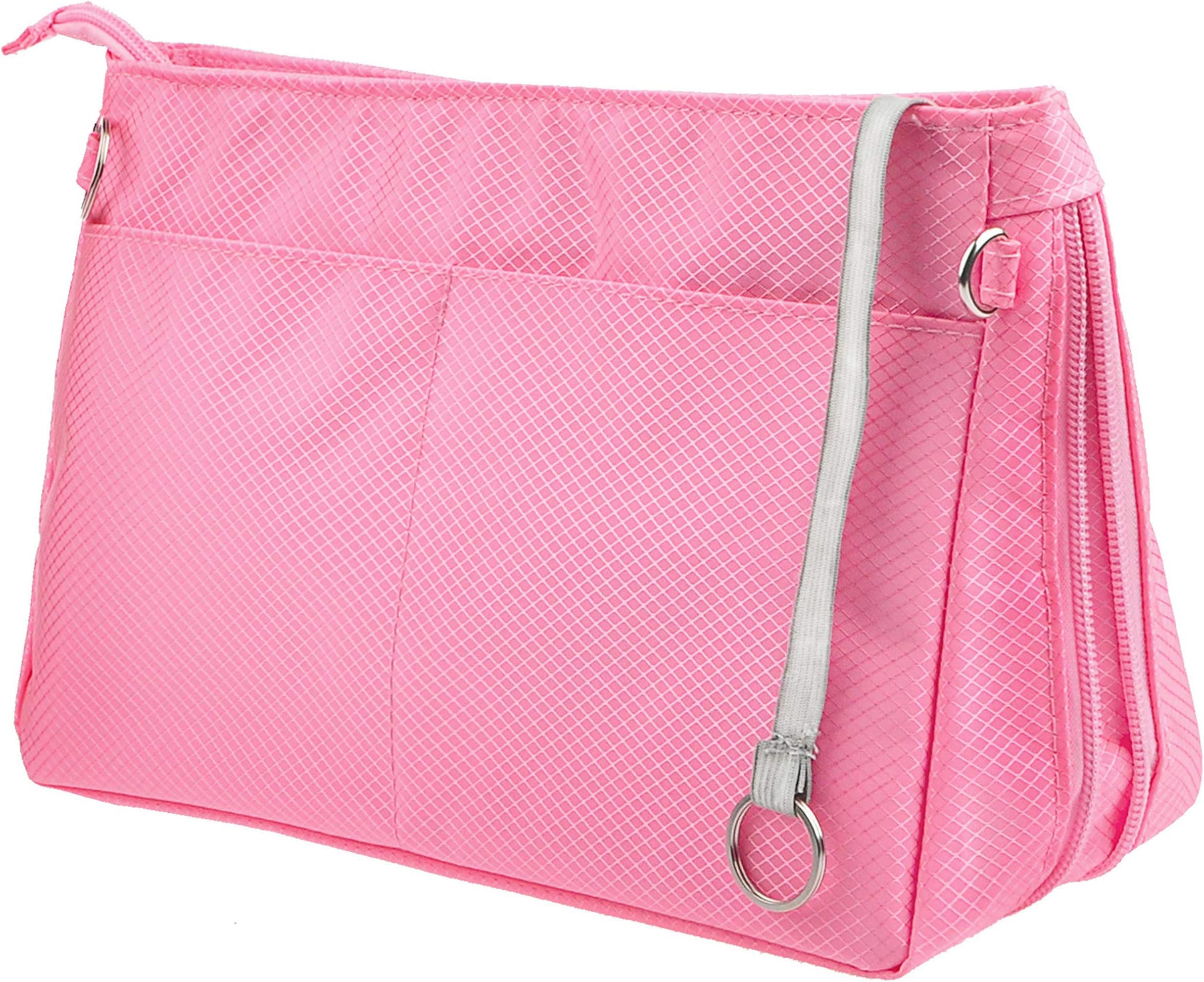 Yoillione Nylon Handbag Organiser with Zip Organiser Bag Inner Organiser Small, Mutil Pocket Ladies Purse Organiser Insert Tote Organiser, Pink Travel Cosmetic Bag Insert