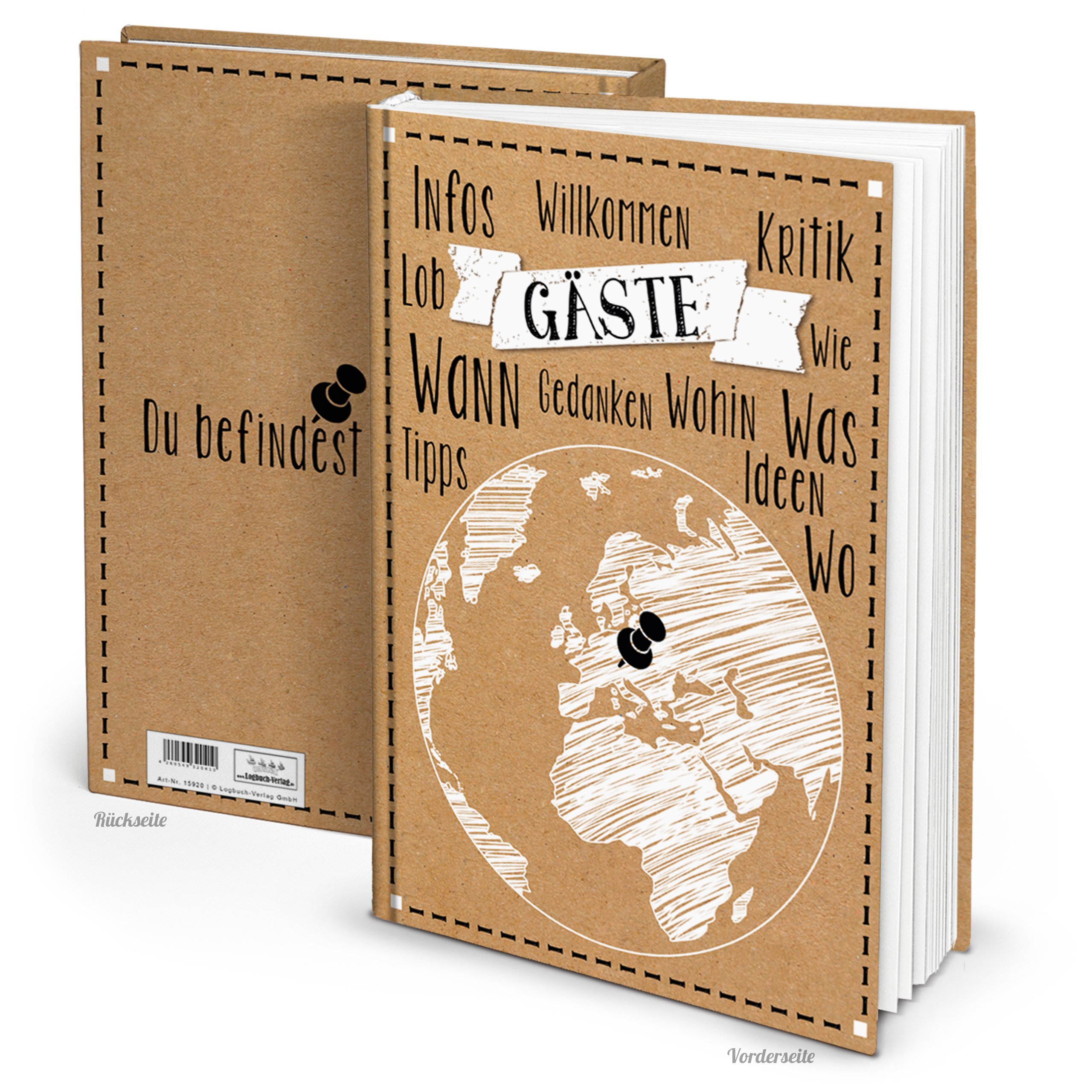 Black and white brown guest book guests for holiday apartment guest house hotel in DIN A4 hard cover 164 pages in vintage nostalgia look with globe globe for international guests