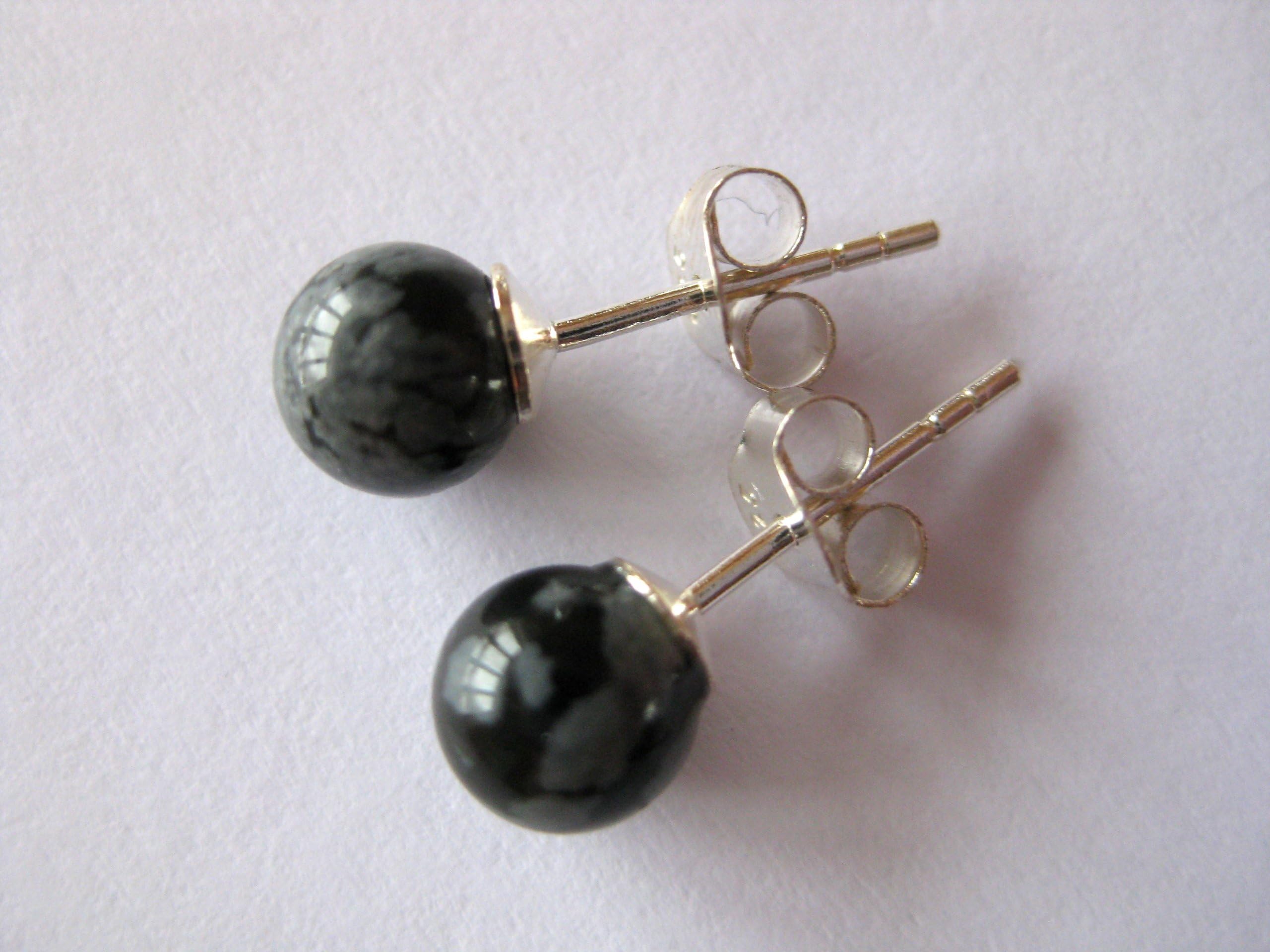 6 mm Round Snowflake Obsidian 925 silver stud earrings