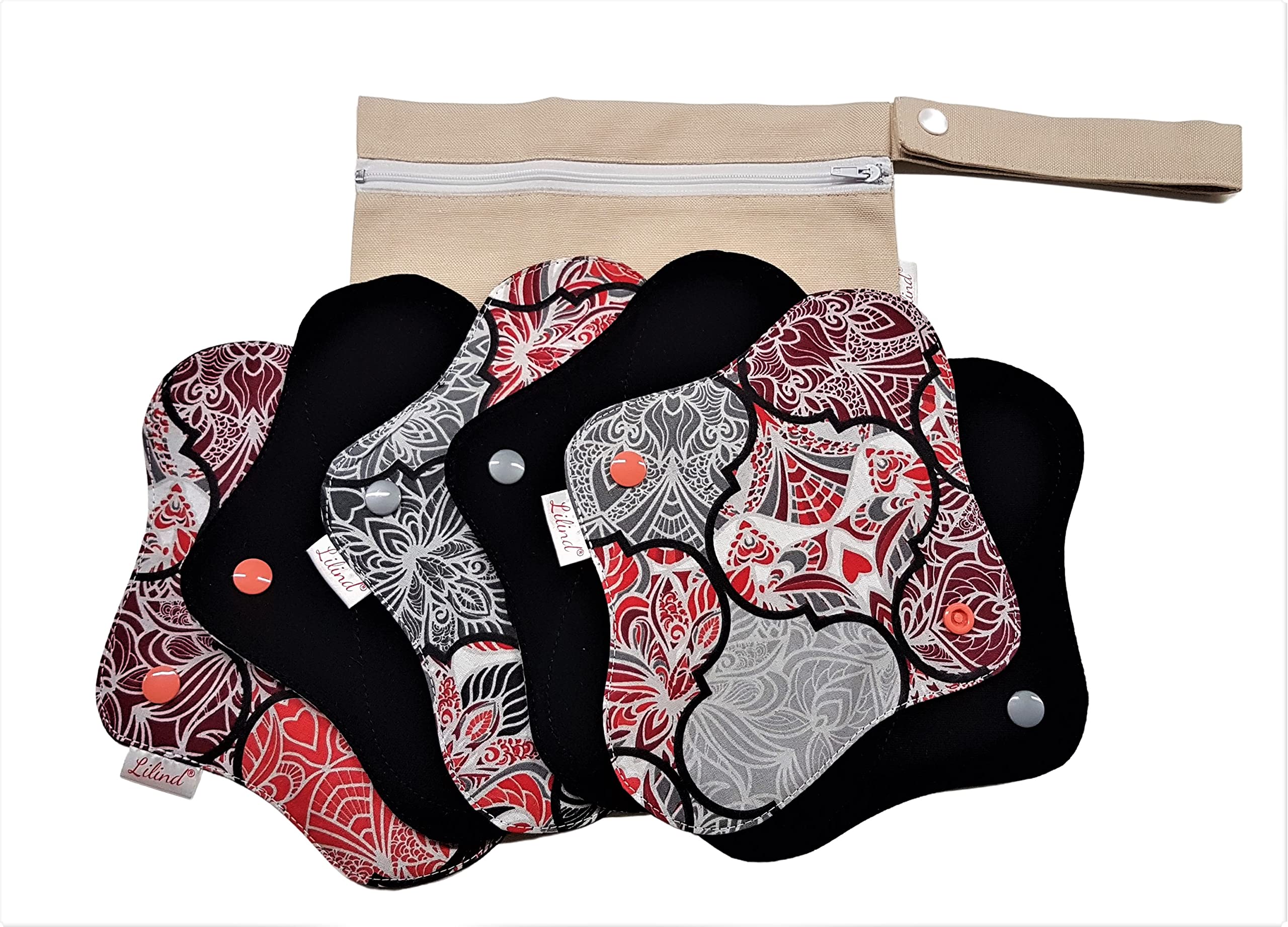 6 Pack Lilind 9" Organic Cloth Pads, Starter Set, Free Zip Wet Bag, Reusable Waterproof Menstrual Sanitary Napkins, 100% Cotton, 6x9"R Flowers