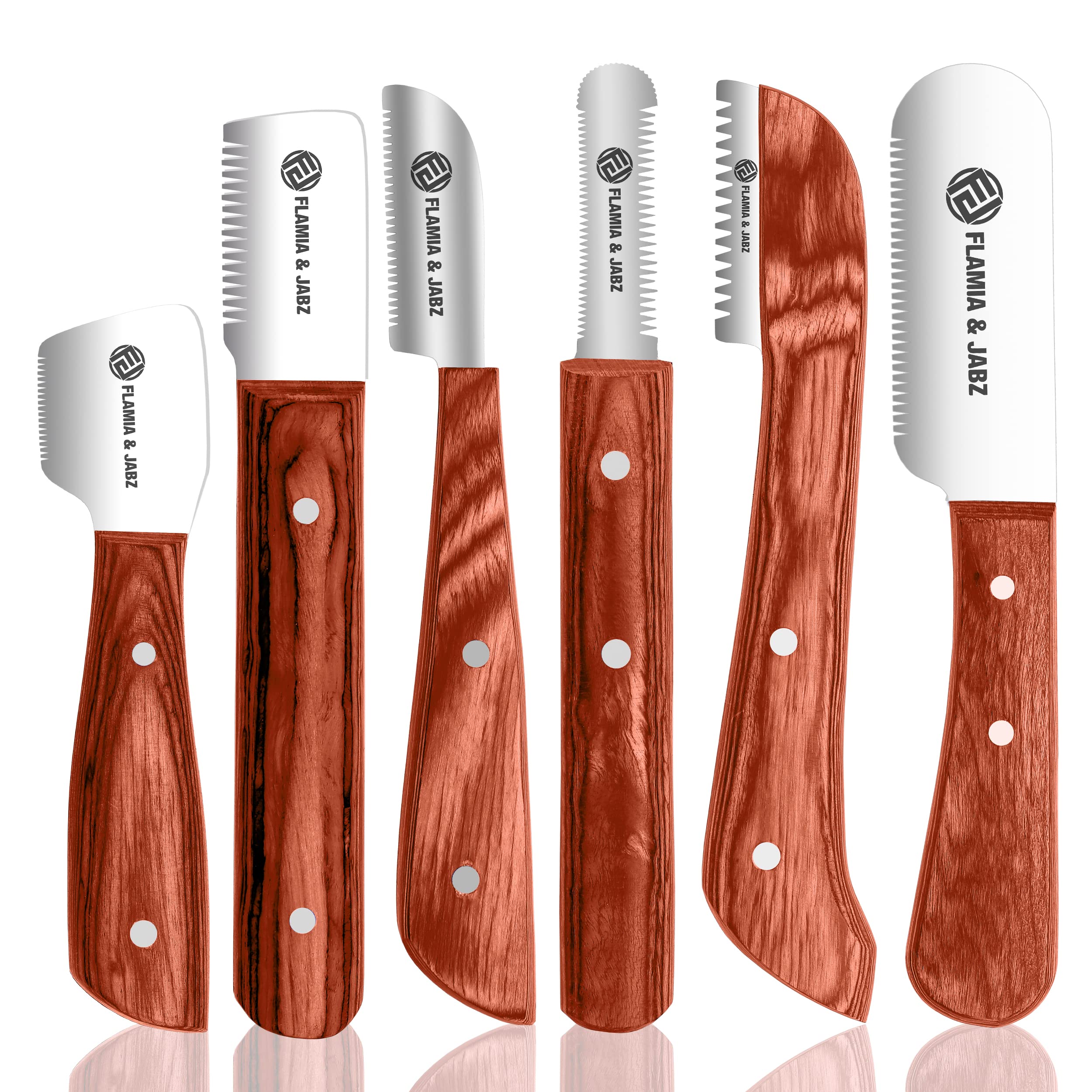 FLAMIA & JABZ Professional Stripping Knife kit (6 Pieces Set) for Dogs & Pets, Wooden Handle Grip with Stainless Steel Blade (Right Handed) (Orange)