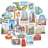 Navy Peony Windy Chicago Travel Stickers (28pcs)-Gouache Style, Waterproof, America-Themed Vacation Stickers for Scrapbooks, Journals, Laptop