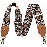 Nefelibata Purse Strap, 2" Crazy Horse Leather End Shoulder Strap Adjustable Replacement,Retro Jacquard Embroidery Multi-pattern Crossbody Bag Straps for Handbag,Crossbody Bags(Brown flower)