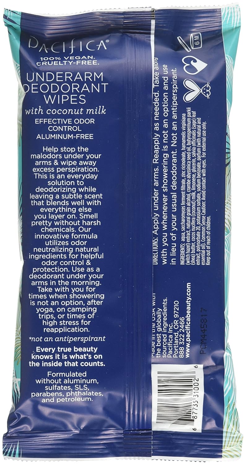 Pacifica Beauty Underarm Deodorant Wipes, Coconut Milk & Essential Oils, 30 Count: Beauty