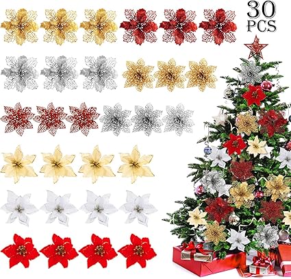 Amazon Co Jp Willbond クリスマスグリッターポインセチアフラワー装飾ポインセチアフラワーオーナメント クリスマスツリーリース用 9スタイル 30個 ホーム キッチン