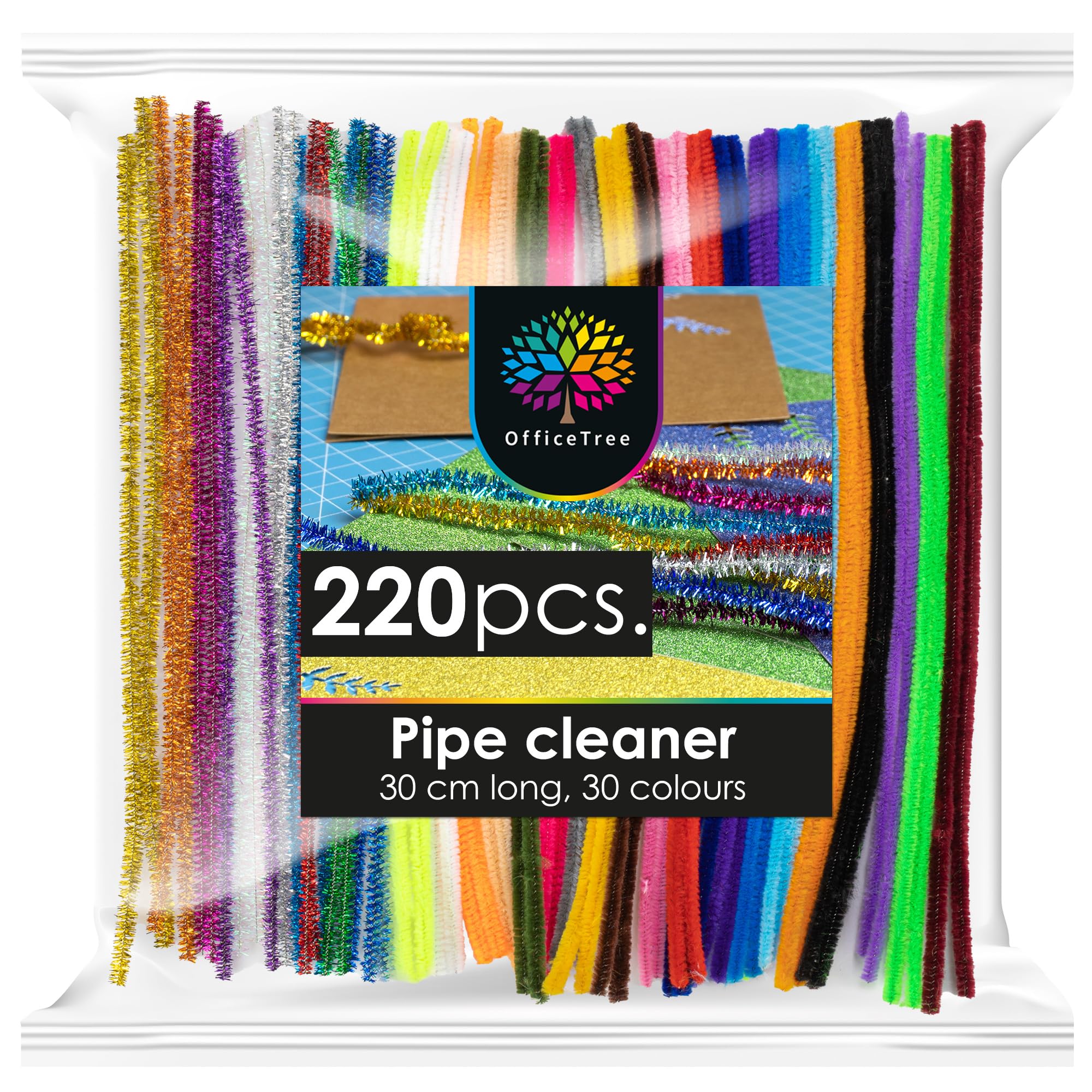 OfficeTree 220 x Pipe Cleaners for Craft - 30 Colours - Coloured Pipe Cleaner - 30 Colours Long Pipe Cleaners for Cleaning, Children, DIY & Decorating - Pipecleaners Craft Long