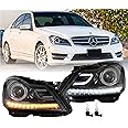 USR 12-14 W204 C-Class LED Switchback Headlight Assembly Set (Left + Right) Compatible with 2012-2014 Mercedes Benz W204 C Class Halogen Models (Black Housing, Switch Back DRL, Plug and Play, 2PC Set)