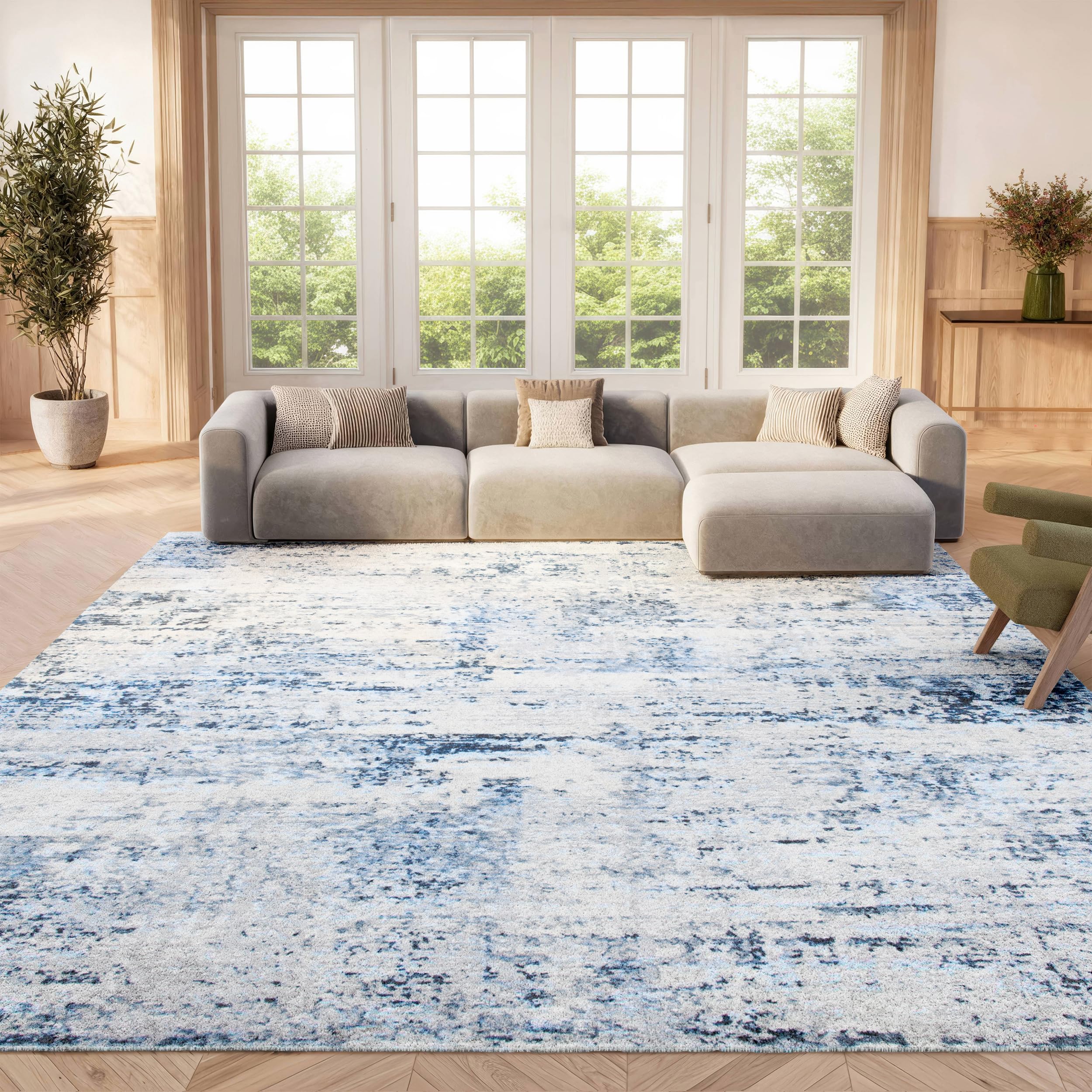 SAFAVIEH Amelia Collection Area Rug - 9' Square, Ivory & Navy, Modern Abstract Design, Non-Shedding & Easy Care, Ideal for High Traffic Areas in Living Room, Bedroom (ALA700B) Image