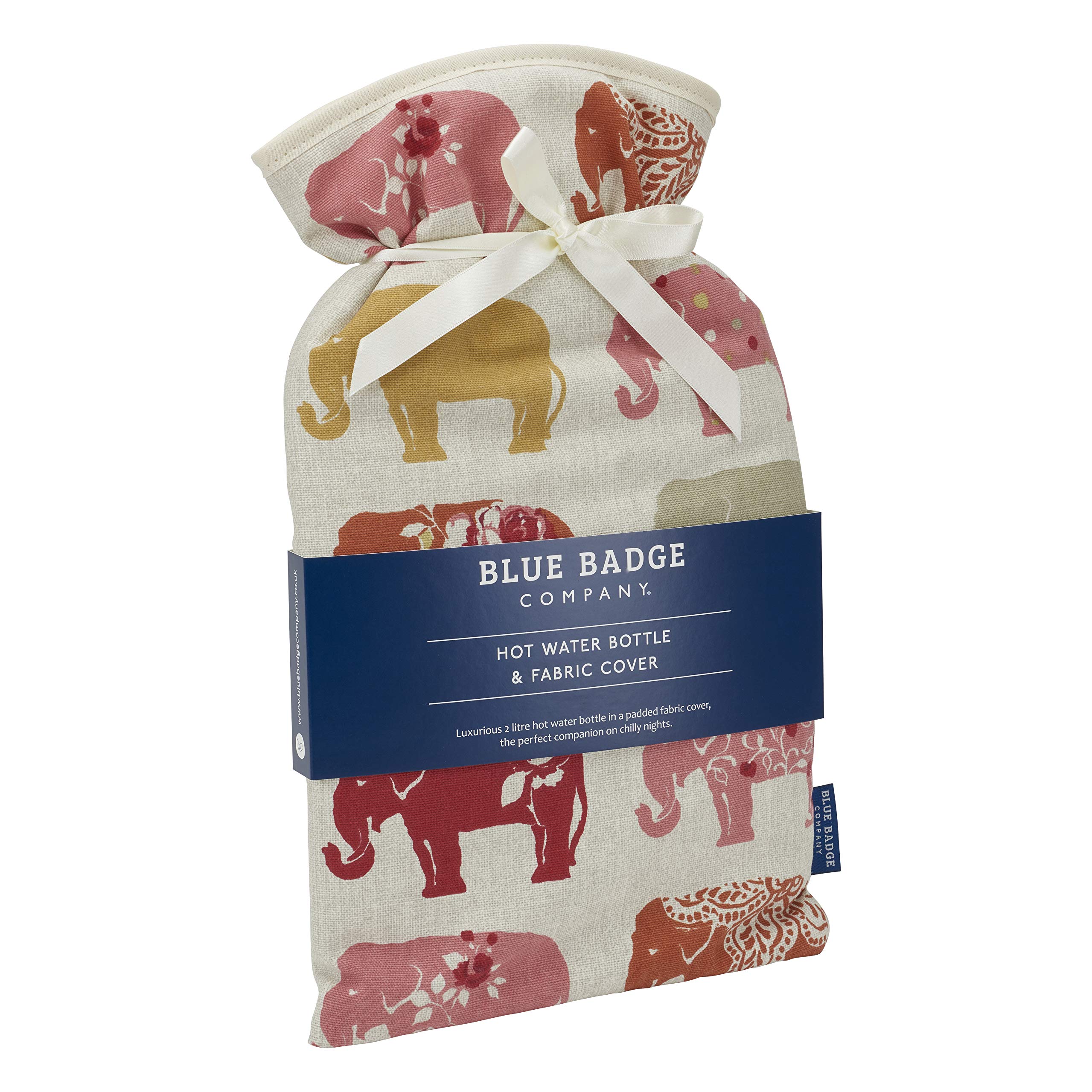 Blue Badge Co 2 Litre Large Hot Water Bottle with Padded Cotton Cover Indian Elephant Pattern Rubber Bottle Included
