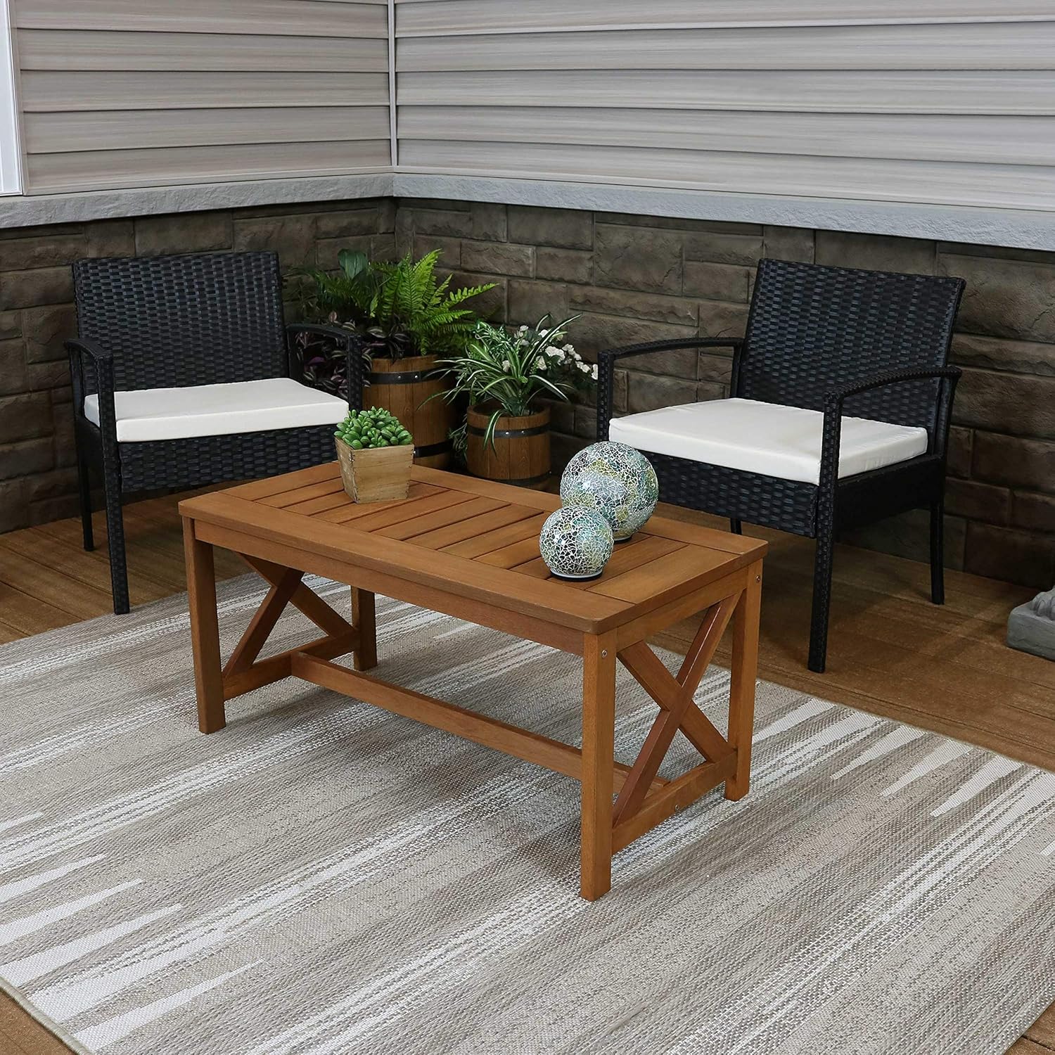 Sunnydaze Meranti Wood Outdoor Patio Coffee Table with Teak Finish - Outside Furniture for Lawn, Garden, Porch, Deck, Balcony, Backyard and Sunroom - Rectangle Table - 35-Inch : Garden & Outdoor