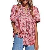 MASCOMODA Womens Tops Summer Boho Floral Short Sleeve Button Down Shirts Crewneck Loose Vacation Dressy Casual Work Blouses