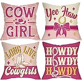 Fjfz Pink Cowgirl Decorative Throw Pillow Covers 18 x 18 Set of 4, Howdy Long Live Cow Girl Cowboy Hat Shoes Porch Outdoor Home Decor, Western Yee Haw Bow Horseshoe Couch Cushion Case