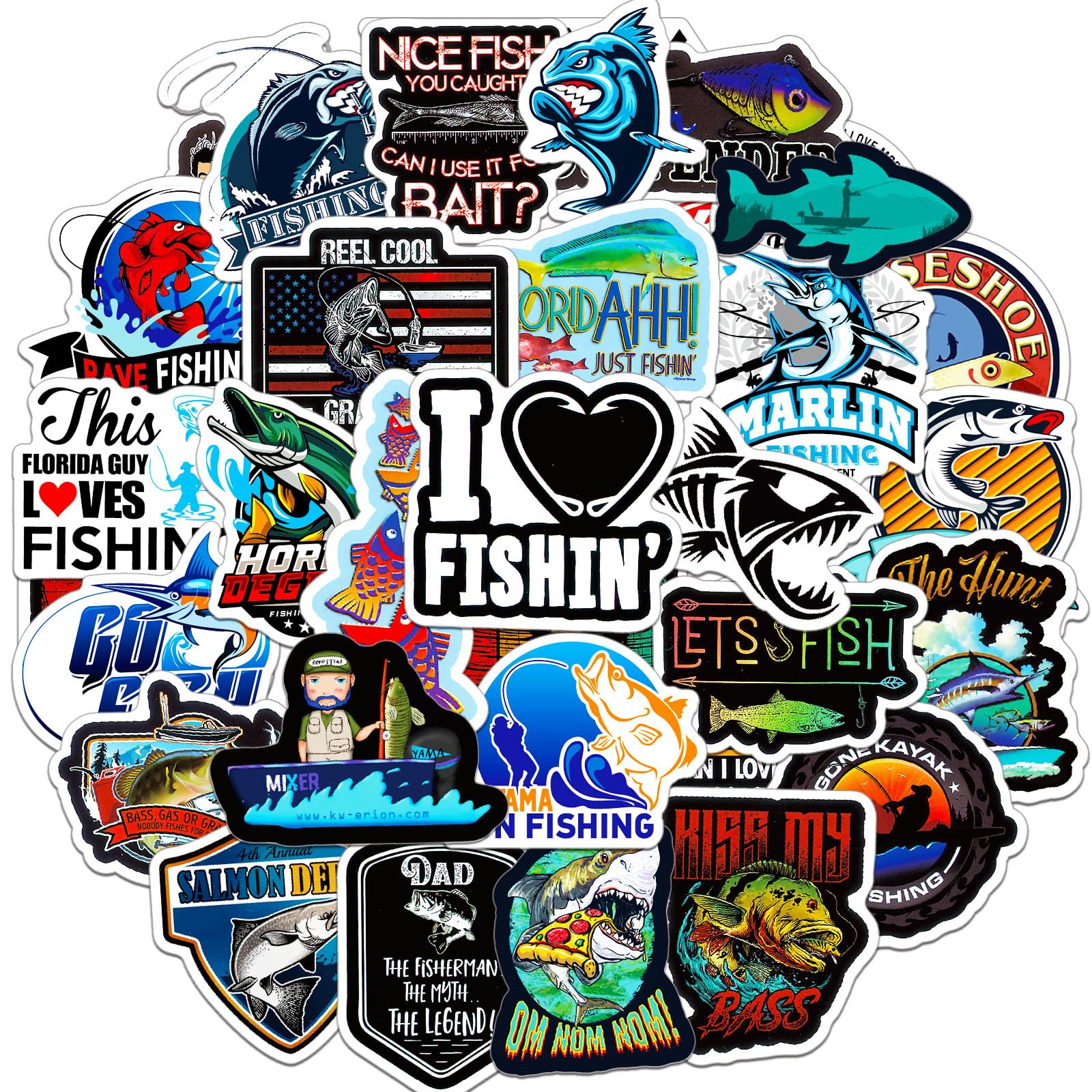 AIRNOGO Fishing Stickers 100 Pcs Outdoor Camping Angling Sticker Pack, Waterproof Vinyl Stickers for Laptop Scrapbook Journal Skateboard Travel Mug Cup Fishing Box Suitcase Phone MacBook Guitar etc