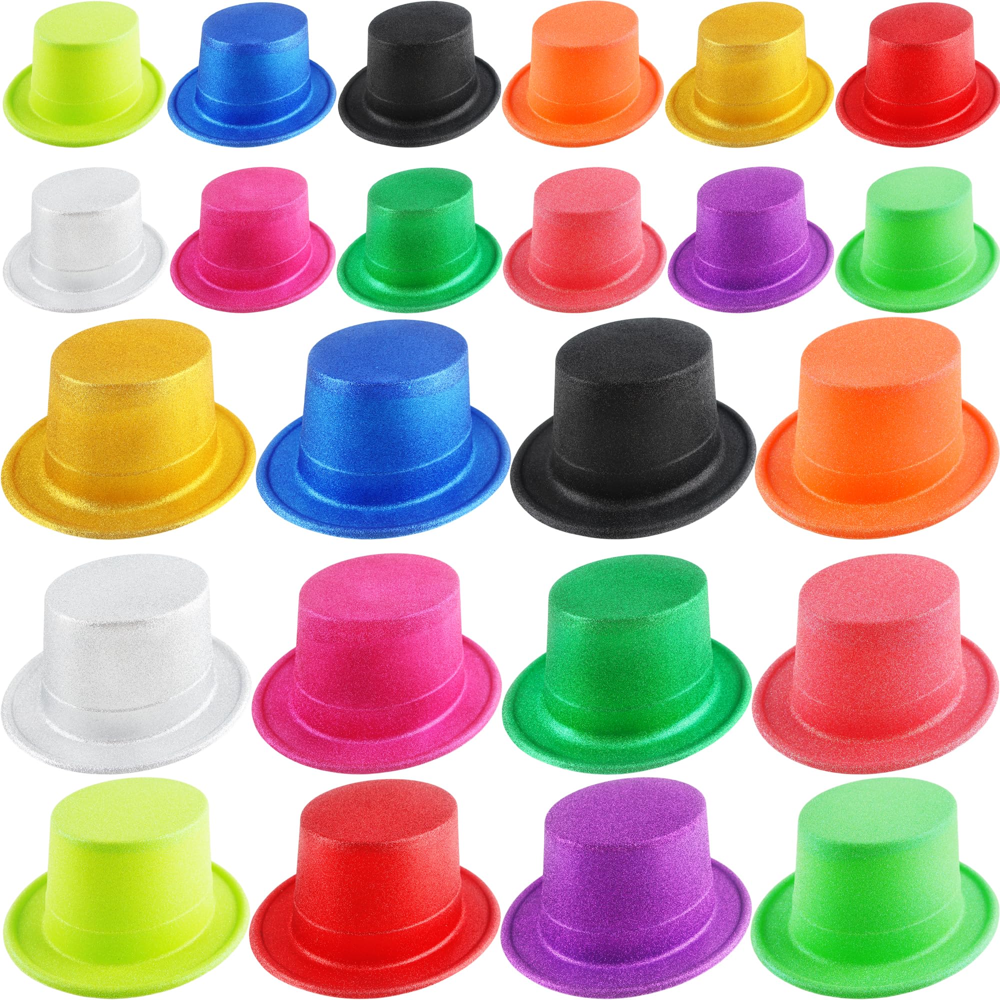 24 Pack Glitter Plastic Top Hat Bulk Colorful Magician Hat Bright Party Hats Neon Top Hats for Adult Kids Birthday New Years Party Supplies