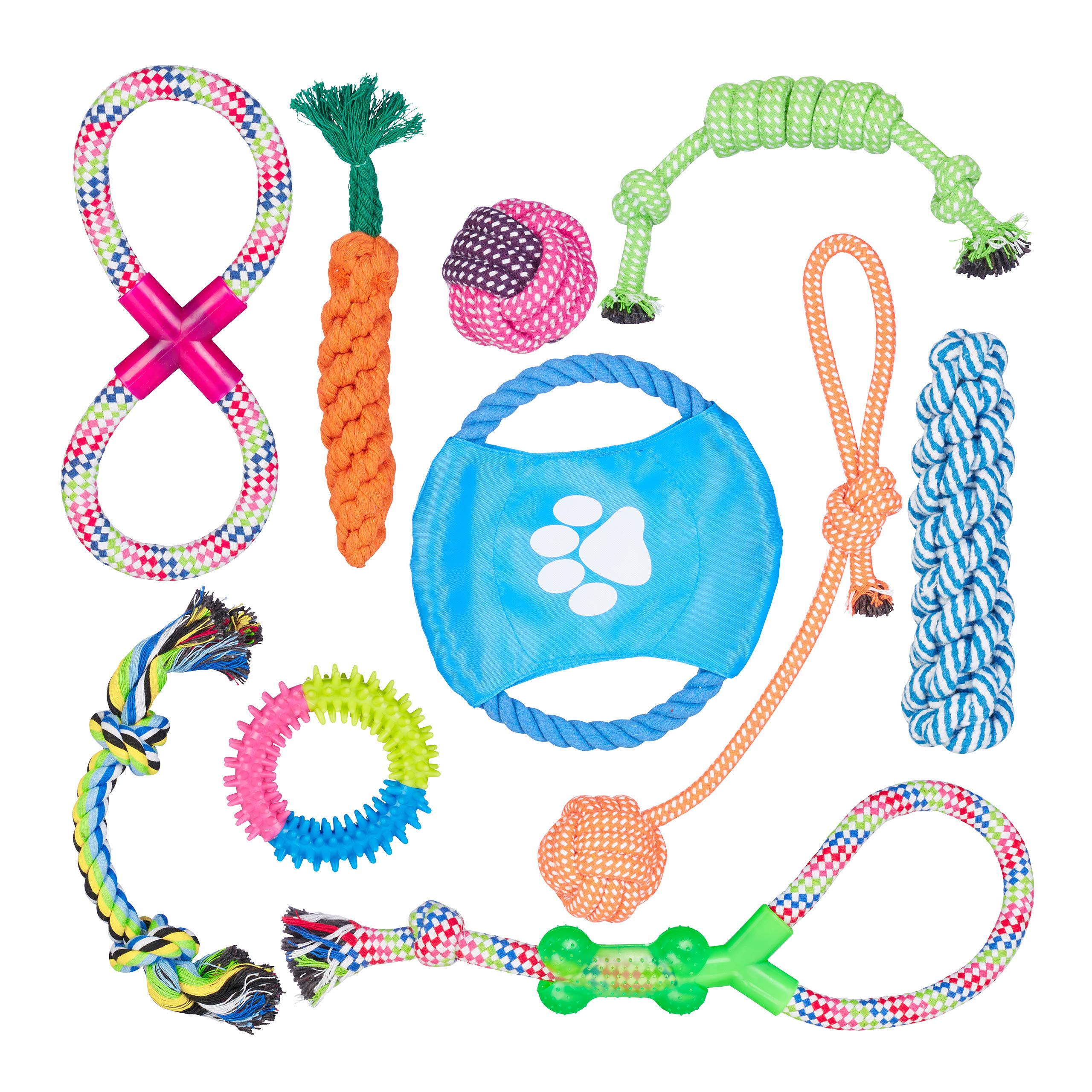 Relaxdays Dog Toy Set Of 10, Tug Toys, Bite & Chew Toys, Dog Disc, Puppy, Small & Medium Dogs, Multipack, Colourful