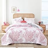 weigelia Coastal Quilts Bedding Set Queen Size - Pink Summer Nautical Bedding Quilt with Pillow Cases, Beach Reversible Quilt Set Ocean Coral Bedspreads Coverlet Soft Lightweight Comforter