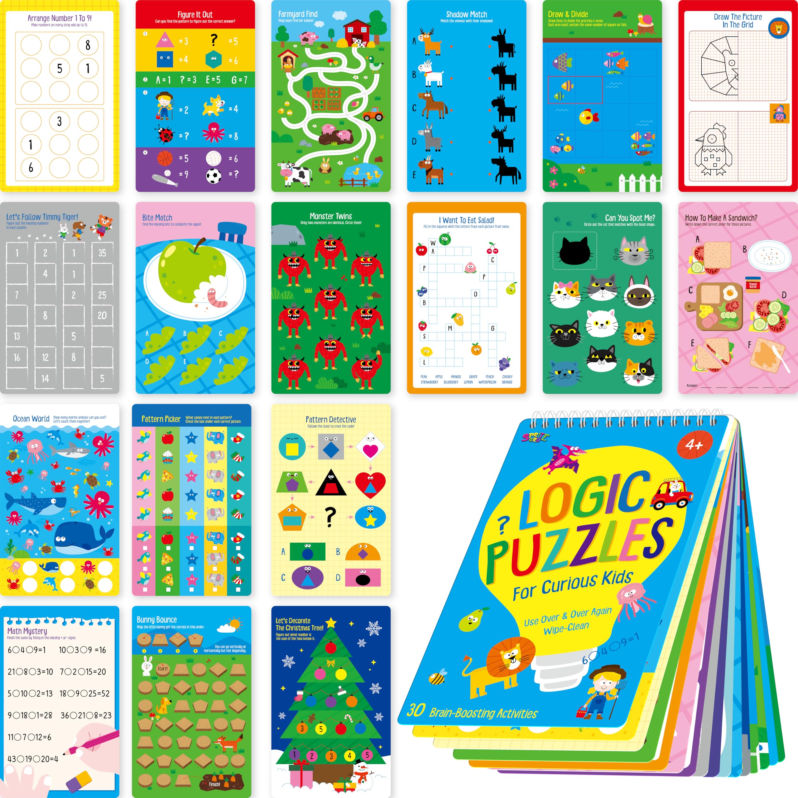 SpriteGru Logic Puzzles Game Pad, 30 Reusable & Erasable Logical Thinking Games, Dry Erase Brain-Boosting Puzzle Activities Book for Kids, Educational Toy for Road Trip, Airplane & Car Travel