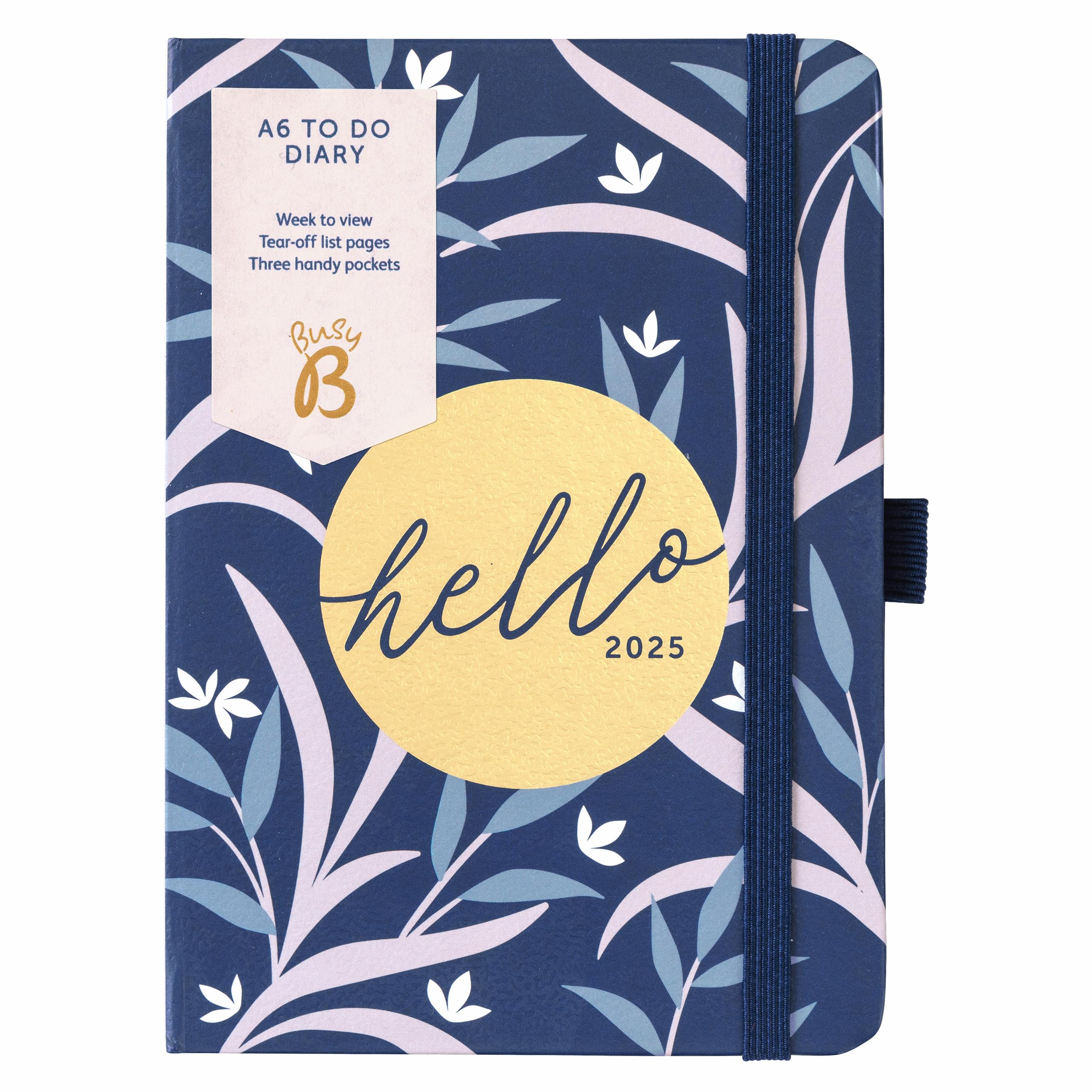 Busy B 2025 Diary A6 Weekly Planner with To-Do Lists & Notes Pages – Compact Navy Floral Journal - Week-to-View Layout, 3 Pockets & Year Planner