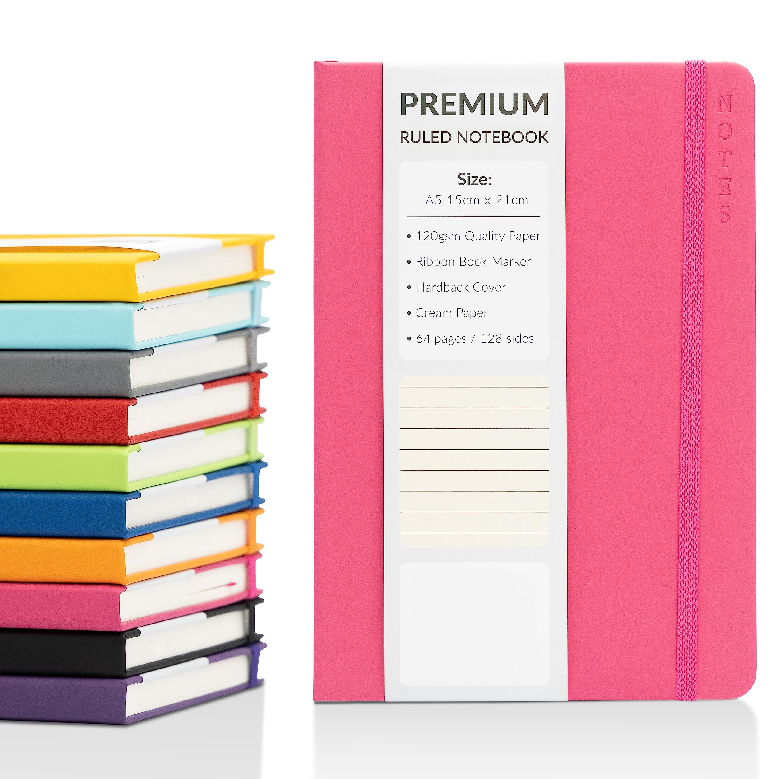 A5 Notebook Ruled Lined Journal with Faux Leather Hardback Cover and Premium 120gsm Thick Paper (128 Cream Pages, Cerise)