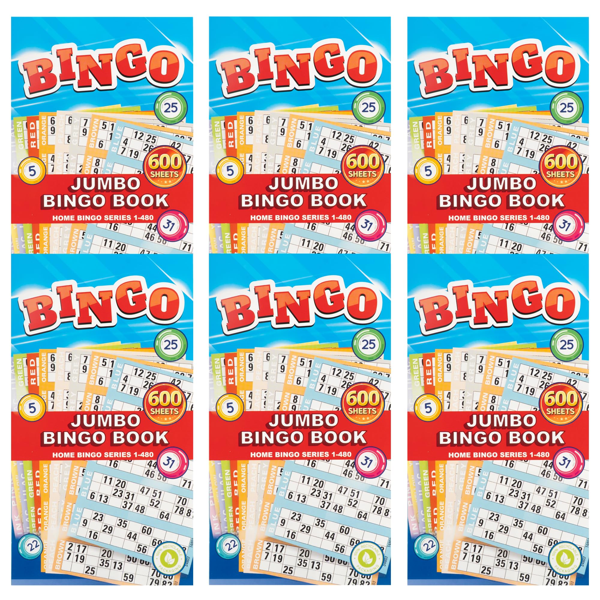 Navoys 6 Bingo Ticket Books – Jumbo Print 600 Bingo Tickets per Book, Security Coded, Assorted Colours, Clear and Easy to Read Numbers, for Home Bingo Games, Clubs & Family Use (6 Books)