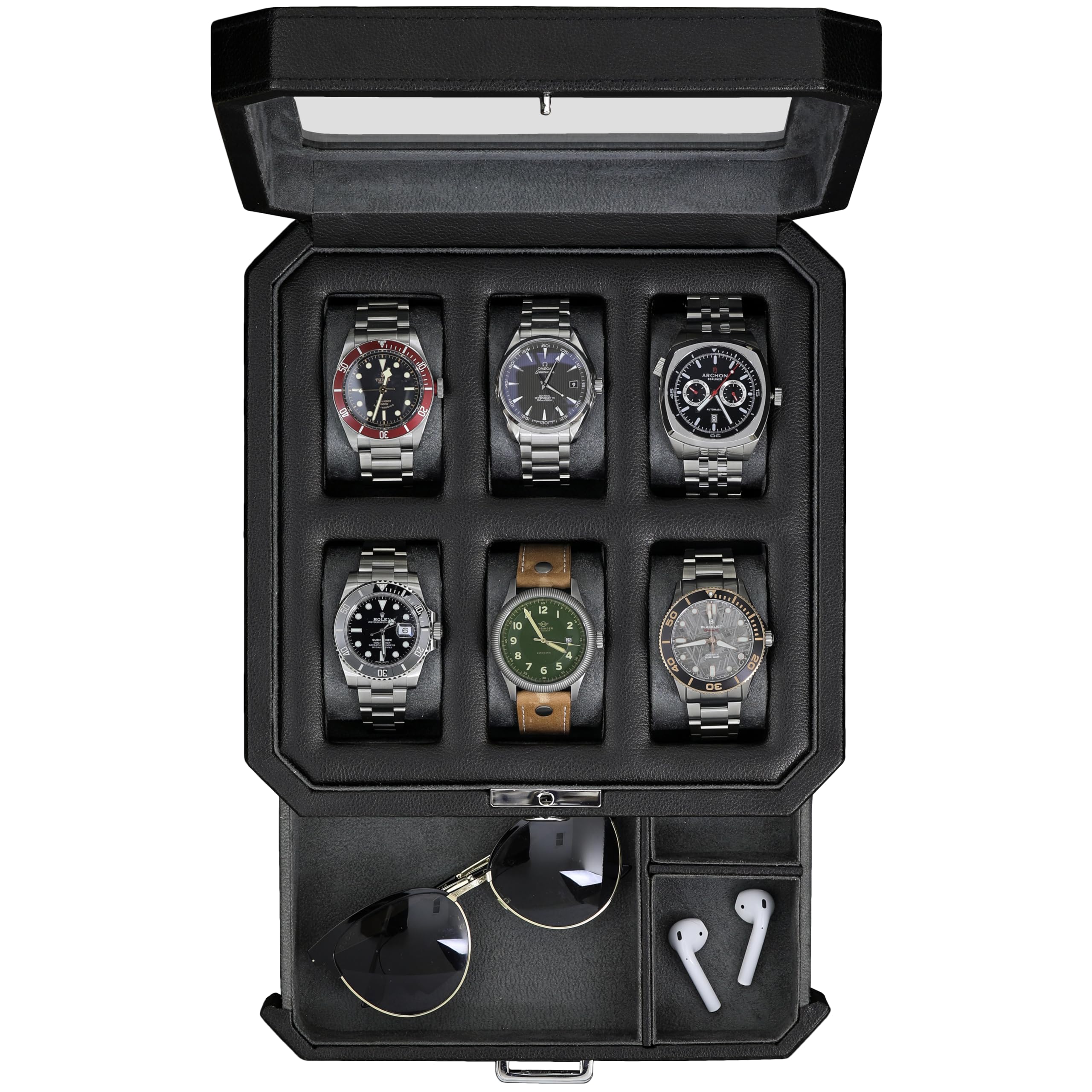 ROTHWELL 6 Slot Leather Watch Box with Valet Drawer - Luxury Watch Case Display Organizer, Men's Storage Boxes Holder Large Glass Top (Black/Grey)