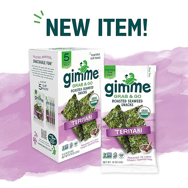 GIMME SEAWEED GRAB & GO ORGANIC PREMIUM ROASTED SEAWEED SNACKS, TERIYAKI, 5 COUNT TRAYLESS, KETO, VEGAN, GLUTEN-FREE, SOURCE OF OMEGA3S AND IODINE, HEALTHY ON-THE-GO SNACK FOR KIDS AND ADULTS