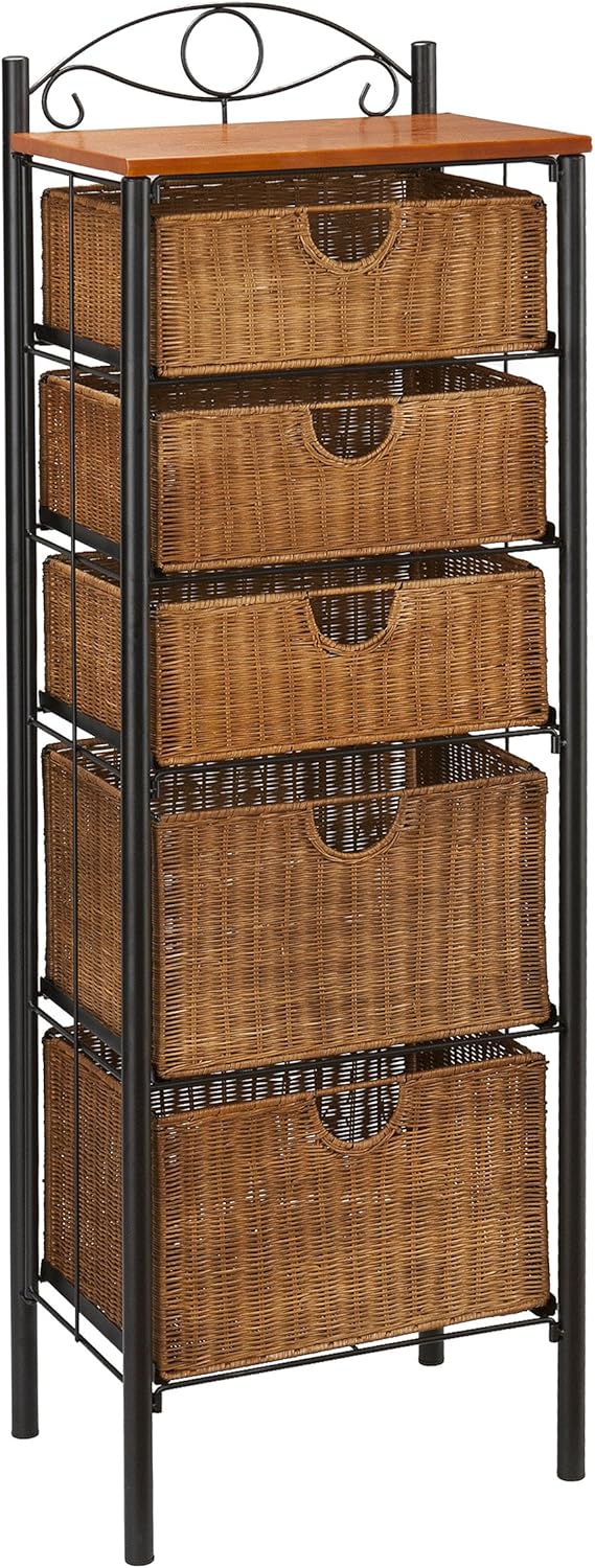 5 Drawer Storage Unit w/ Wicker Baskets - Versatile Tower - Wrought Iron Frame: Furniture & Decor
