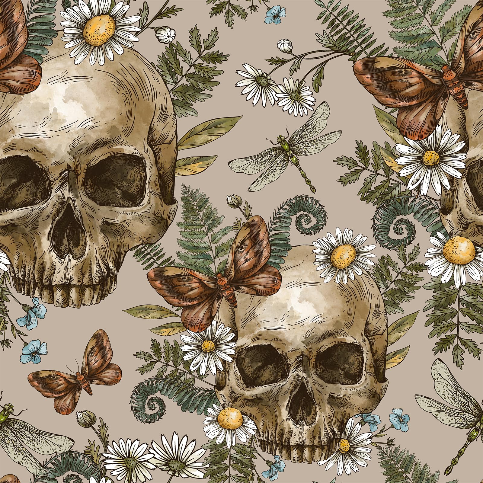 VEELIKE Skulls Fern Floral Peel and Stick Wallpaper Vintage Gothic Wallpaper Brown Floral Wall Paper Art Decor for Bedroom Bathroom Dollhouse Skulls Contact Paper Renter Friendly 44.5 cm x 300 cm