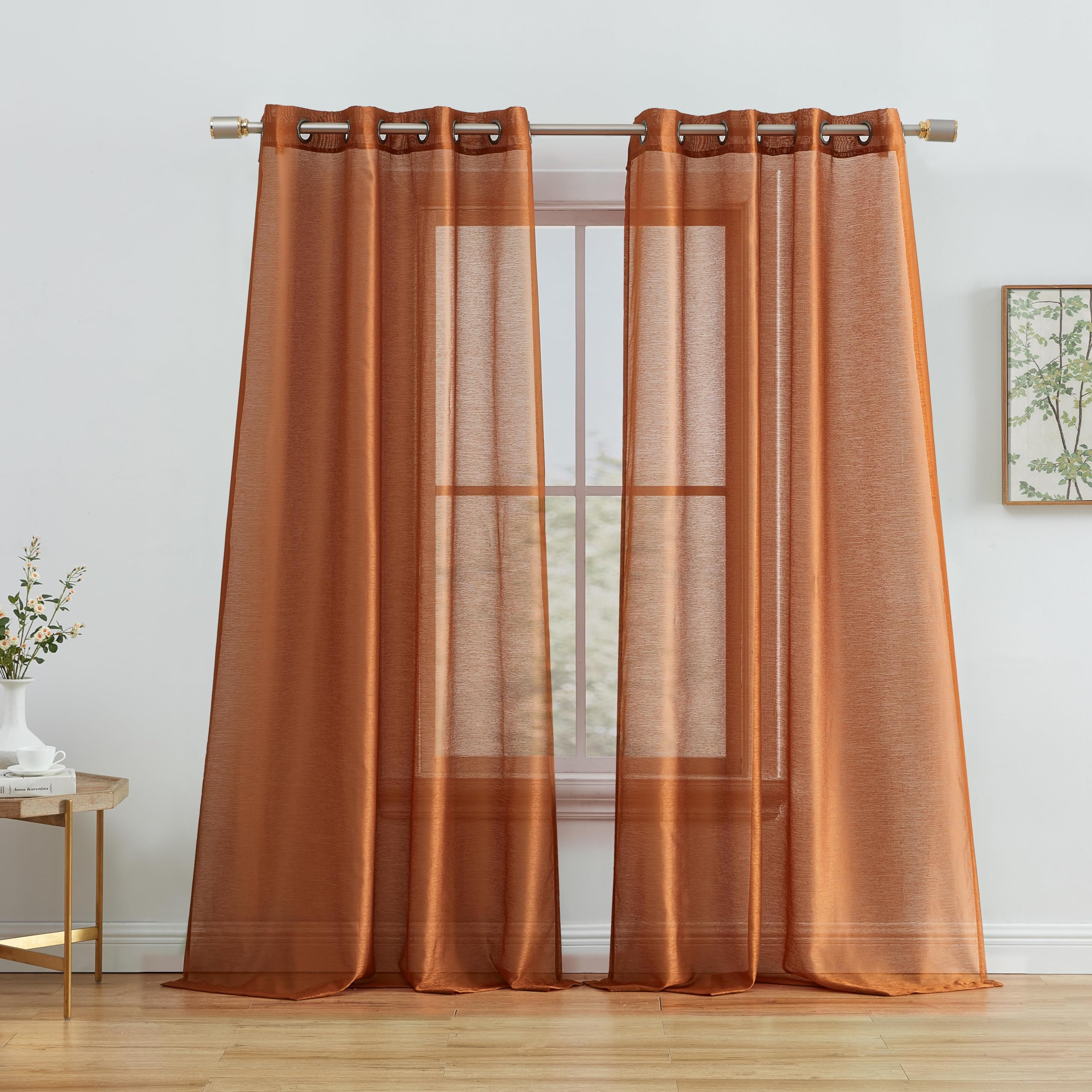 HLC.ME 2 Piece Thick Premium Semi Sheer Voile Window Curtain Grommet Panels for Bedroom & Living Room (54" W x 84" L, Rust Orange)