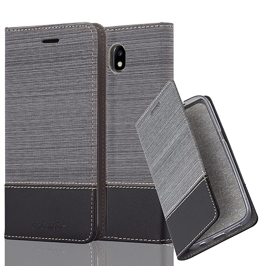 Cadorabo Hülle für Samsung Galaxy J3 2017 (7) - Hülle in GRAU SCHWARZ – Handyhülle mit Standfunktion und Kartenfach im Stoff 