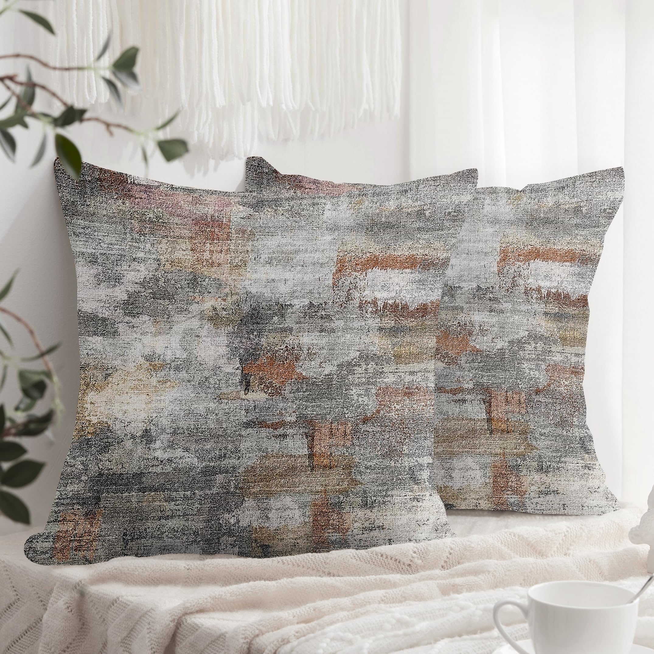 XPHZZL Pack of 2 Gray/Rust Cushion Covers 55cm x 55cm Decorative Square Throw Pillow Covers Home Abstract Style Decor Pillow Cases for Sofa Bedroom Dining Room and Farmhouse 22x22 Inch