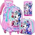 FTJCF 3Pcs Rolling Backpack for Girls, Kids Roller School Backpack with Wheels, Tiger Wheeled Bookbag for Elementary Preschool Kindergarten(Pink)