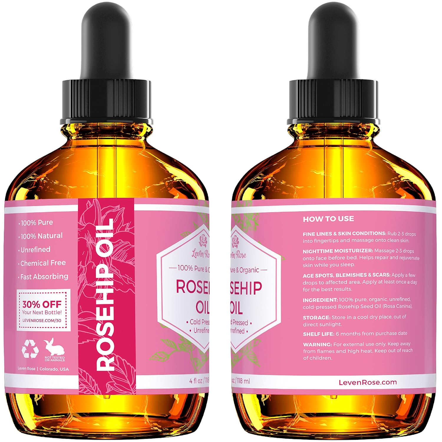 Rosehip Seed Oil by Leven Rose, 100% Pure Organic Unrefined Cold Pressed Anti Aging Rose Hip Moisturizer for Hair Skin & Nails, 4 Fl. oz…: Beauty