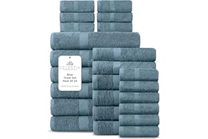 Villa Celestia 100% Cotton Bath Towel Set of 24-6 Bath Towels, 6 Hand Towels, 12 Wash Cloths, Sustainable, Soft, Highly Absorbent, Combed Cotton 24 Piece Set for Hotels, Spa, Bathroom, Dorm, Blue