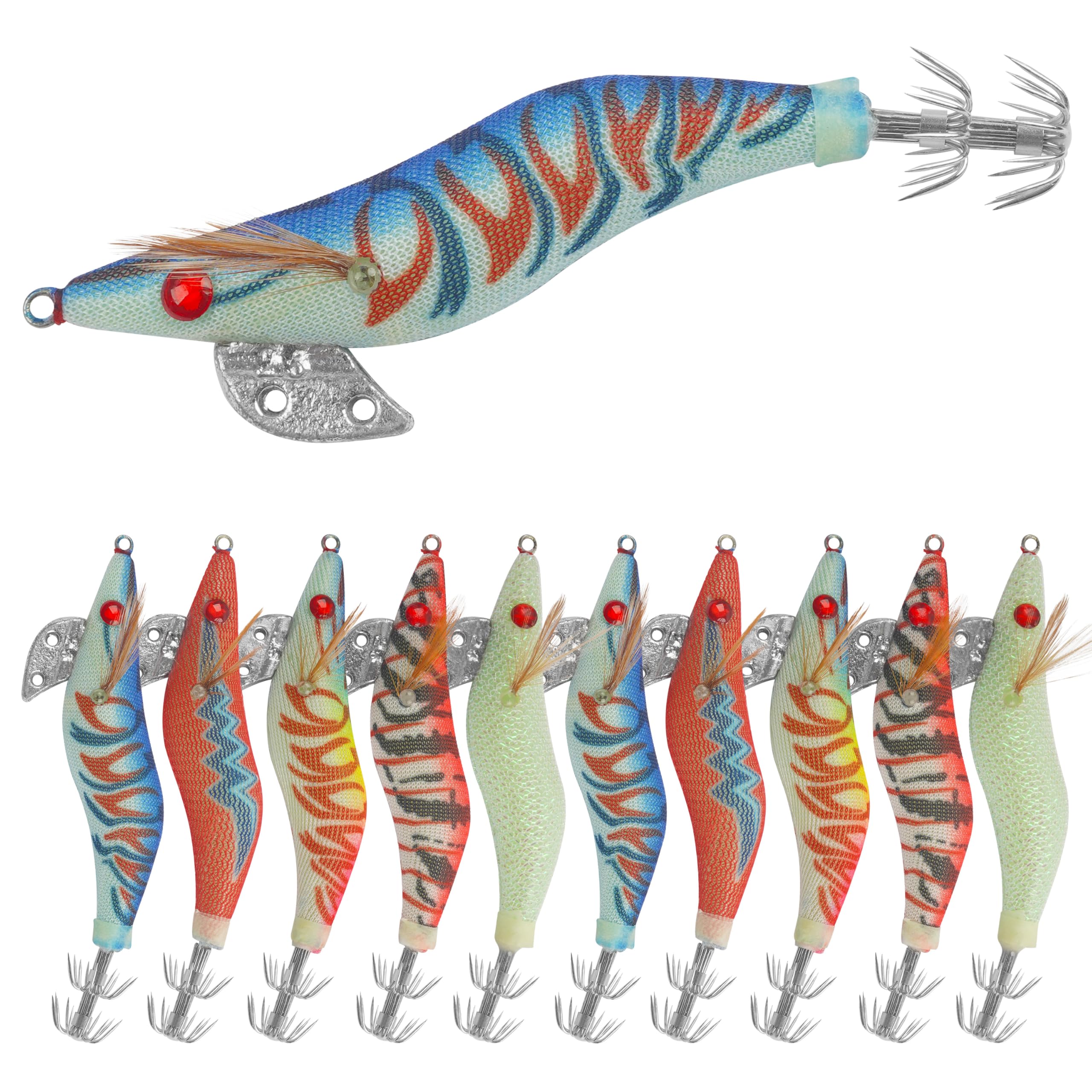 10pcs Wrapped Prawn Lure Octopus Shrimps Fishing Squid Jig Lures Kit Wooden Shrimp Wood Baits Artificial Spinner Lures Kit Glow Bait with Sharp Tackle Hooks (3.0#-10pcs)