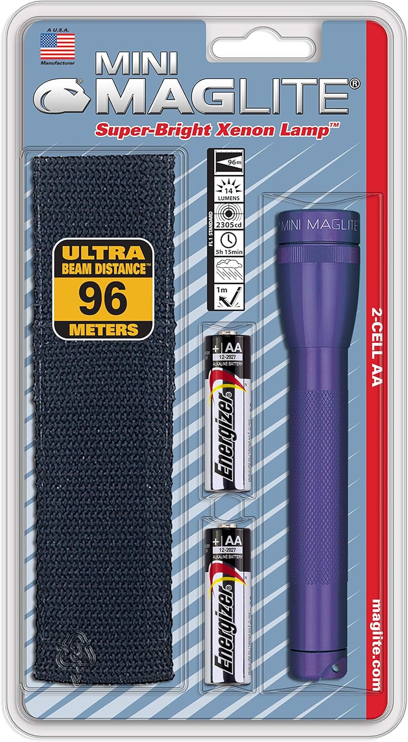 Maglite Mini Incandescent 2-Cell AA Flashlight with Holster, Purple - Basic Handheld Flashlights - 