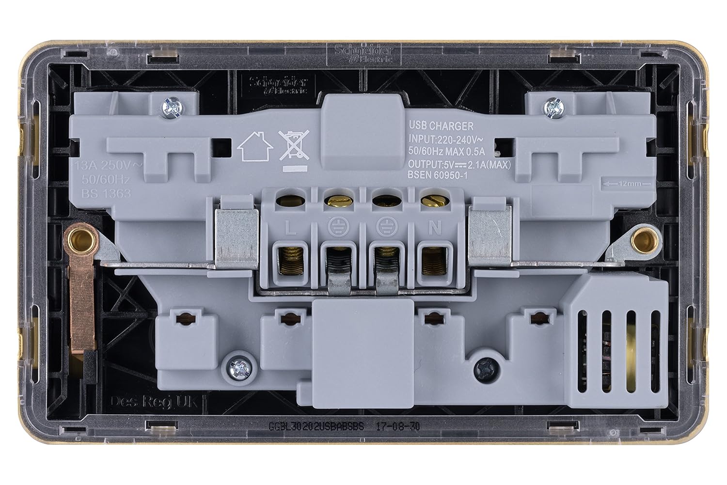 Schneider Electric Lisse Screwless Deco 2G 13A Sw SO SP w/ 2USB BSB, USB, Satin Brass, 2 Gangs, Satin Brass/Black Insert - Image 5