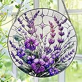 Bauhinia&Violets Flower Stained Glass Suncatcher, Stained Glass Window Hanging, 8 Inch Window Hanging Decor, Christmas, Mother's Day, Birthday Gifts for Mom, Grandma, Women, Wife, Lovers