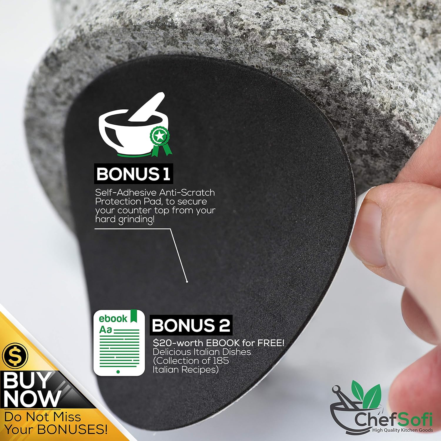 ChefSofi Mortar and Pestle Set - 6 Inch - 2 Cup Capacity - Unpolished Heavy Granite for Enhanced Performance and Organic Appearance - INCLUDED: Anti-Scratch Protector + Italian Recipes EBook: Kitchen & Dining