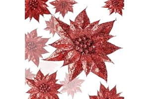 Sggvecsy 15 Pcs Christmas Glitter Flowers Christmas Tree Ornaments Shining Artificial Poinsettia Christmas Flowers Decoration with Clips for Xmas Holiday Wedding Wreath Party Floral Decorations(Red)