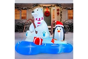 Joiedomi 6 FT Long Christmas Inflatable Polar Bear Fishing with Penguin Decoration, Blow Up Yard Decoration Inflatables with Built-in LEDs for Christmas Party Indoor Outdoor, Yard, Garden, Lawn Décor