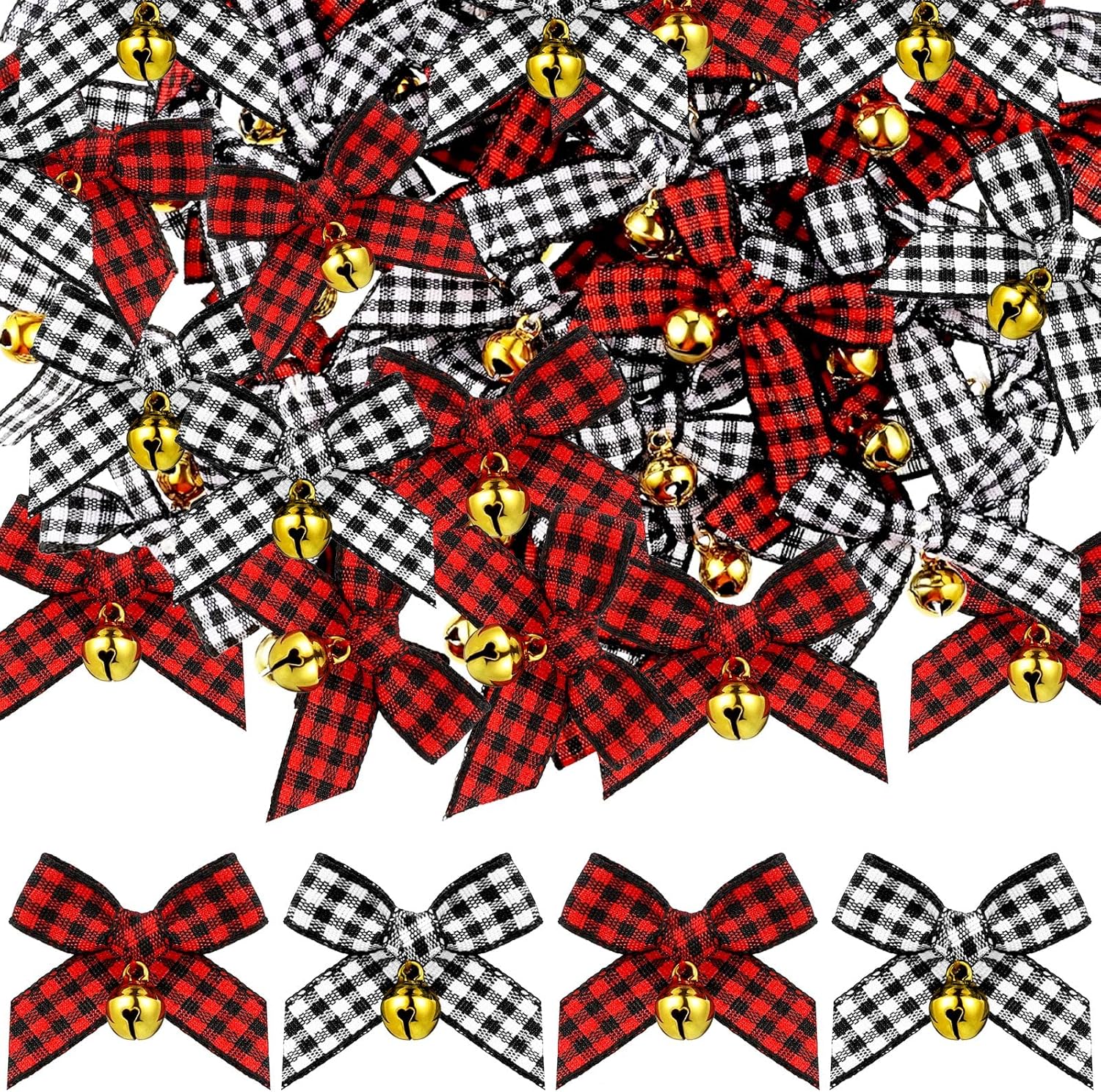 Bows & Ribbons - 50 Pieces Christmas Bow with Bell Mini Plaid Bows Buffalo Plaid Bow Gingham Bow Xmas Bells for Christmas Tree Crafts Home Decoration DIY Making Ornament (Black and White, Red and Black)