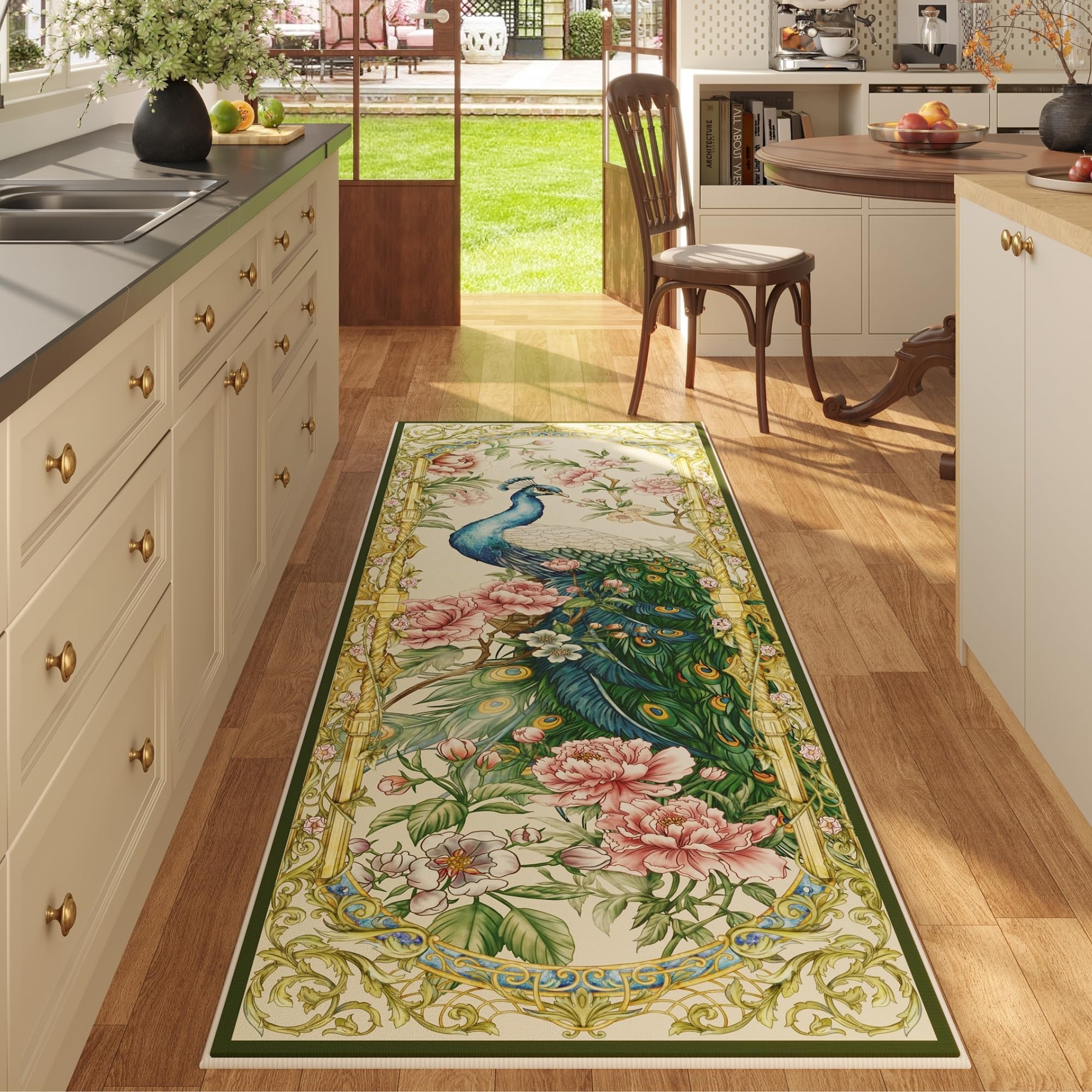 Photo 1 of Vowkten Runner Rug for Kitchen 2'6"x8' Washable Rugs with Rubber Backing Soft Floral Peacock Floral Animal Carpet Runner for Kitchen, Laundry, Bedroom, Bathroom (Beige)