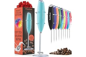 PEACH STREET Powerful Handheld Milk Frother, Mini Milk Foamer, Battery Operated (Not included) Stainless Steel Drink Mixer with Frother Stand for Coffee, Lattes, Cappuccino, Frappe, Matcha, Hot Chocolate. (Aqua)