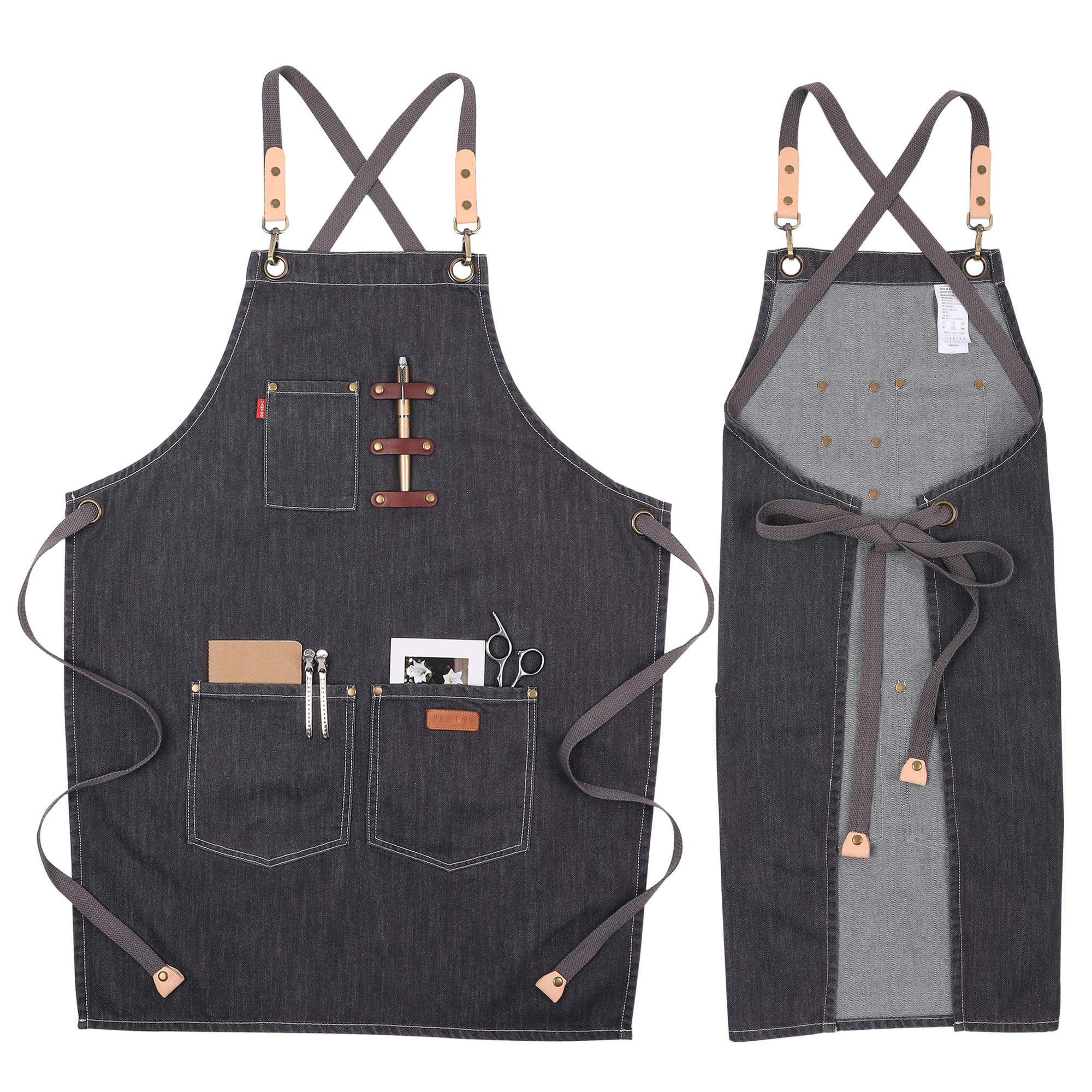 VANTOO Canvas Apron with Pockets for Men Women, Artist Painting Kitchen Cooking Chef Apron for Mum Grandma Granny，Gifts for Mothers Day (Dark Grey 41)