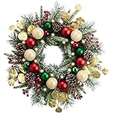 Valery Madelyn 20'' Pre-Lit Christmas Wreath for Front Door with Light, Lighted Christmas Door Wreath with Red Green Gold Xmas Ball Norfolk Pine Branches for Home Porch Fireplace Window Holiday Decor
